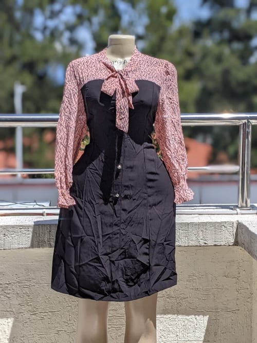 Contrast Pussybow Colorblock Midi Dress