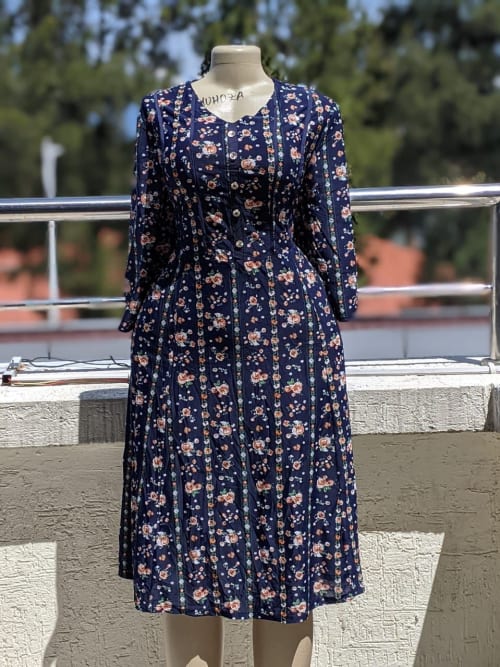 Navy Floral Stripe Button Front Midi Dress