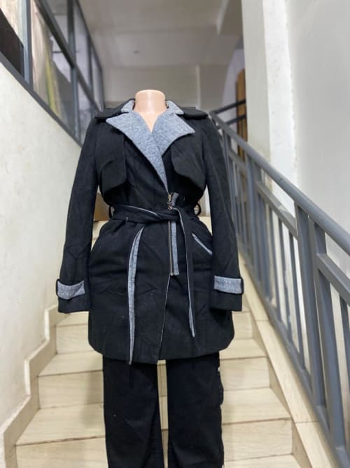 Black Contrast Lapel Belted Zip Trench Coat