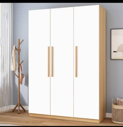 Modern 3-Door White And Wood Finish Wardrobe With Long Wooden Handles