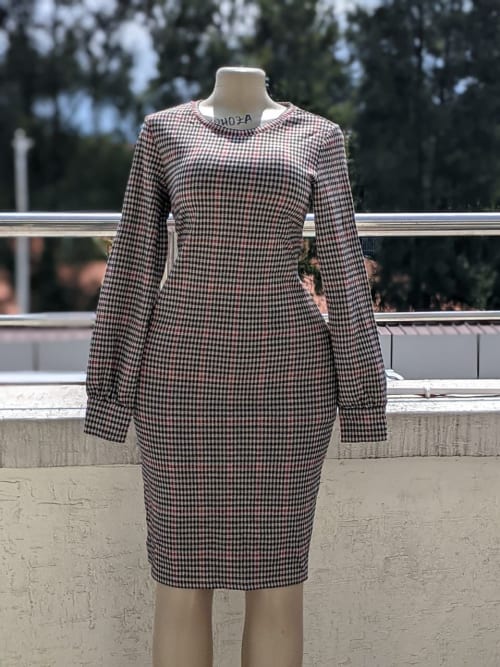 Gingham Check Long Sleeve Bodycon Midi Dress