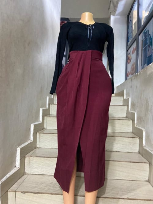 Burgundy Wrap Front Slit Midi Skirt