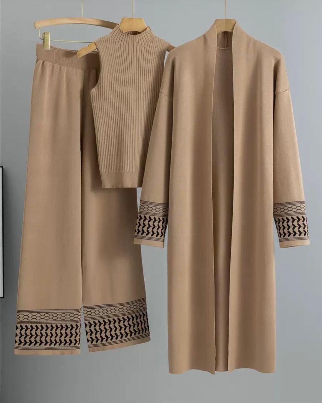 Women's Brown 3-Piece Knit Set with Geometric Border: Long Cardigan, Sleeveless Top, and Wide-Leg Pants