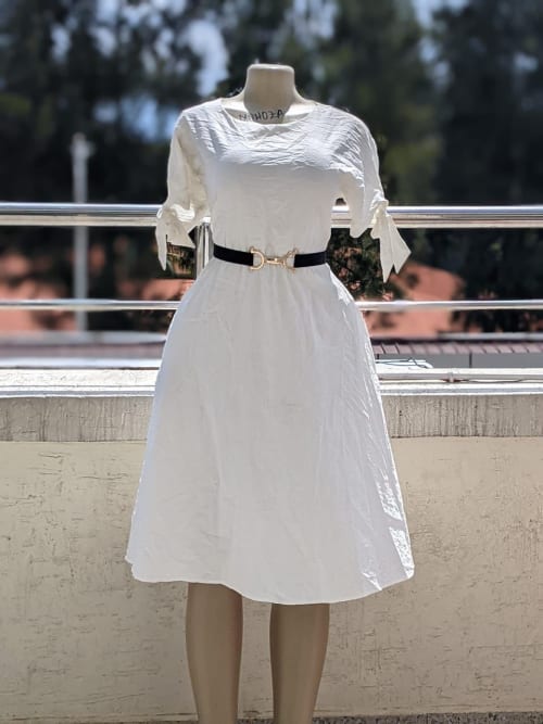 White Textured Tie Sleeve Belted A-Line Midi Dress