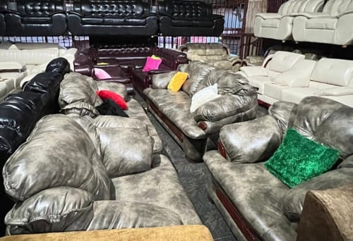 Grey Overstuffed Leather Sofa Set – Modern Comfort Design
