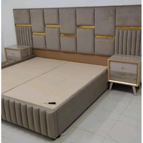Modern Upholstered Platform Bed Frame With Paneled Headboard And Matching Nightstands