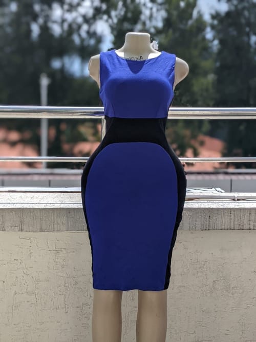 Royal Blue and Black Colorblock Bodycon Midi Dress