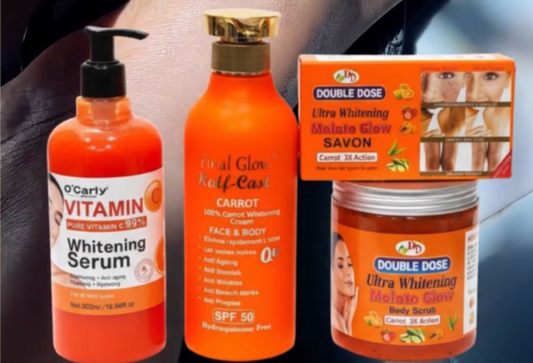 O'Carly Vitamin C Whitening Serum, Final Glow Half-Cast Carrot Whitening Cream, Double Dose Ultra Whitening Molato Glow Savon, And Double Dose Ultra Whitening Molato Glow Body Scrub