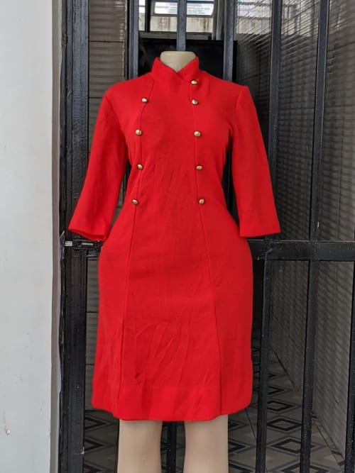 Red Double-Breasted High-Collar Dress
