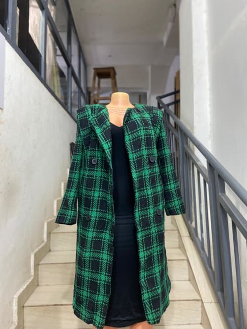 Green And Black Plaid Double Breasted Longline Coat