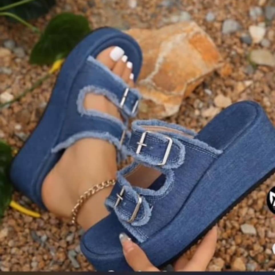 Women's Blue Frayed Denim Double-Buckle Platform Sandals