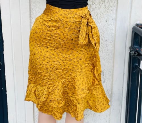 Mustard Yellow Ditsy Floral Print Wrap Tie Ruffle Hem Skirt