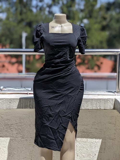 Square Neck Ruched Wrap Slit Midi Dress