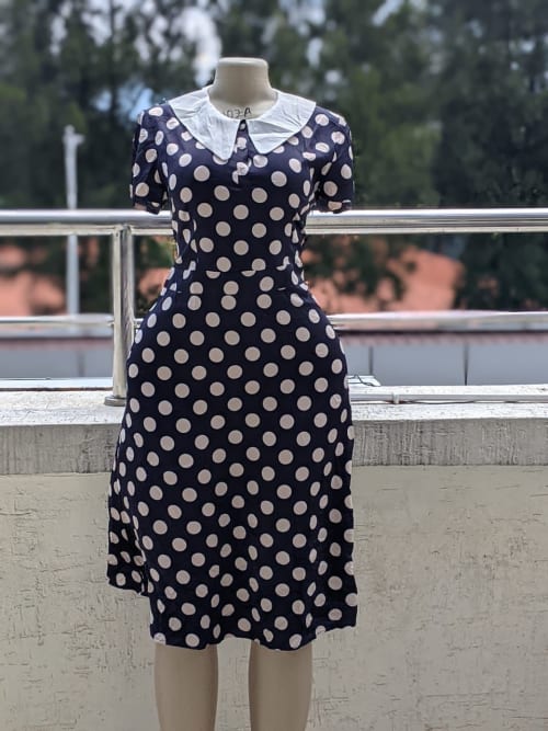Navy Polka Dot Peter Pan Collar A-Line Midi Dress