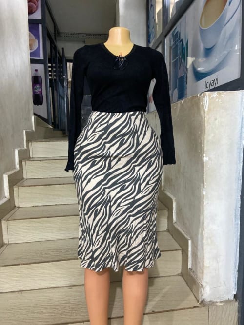 Black and White Zebra Print Bias Cut Midi Skirt