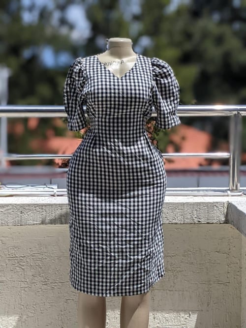 Gingham Puff Sleeve Fitted Midi Dress