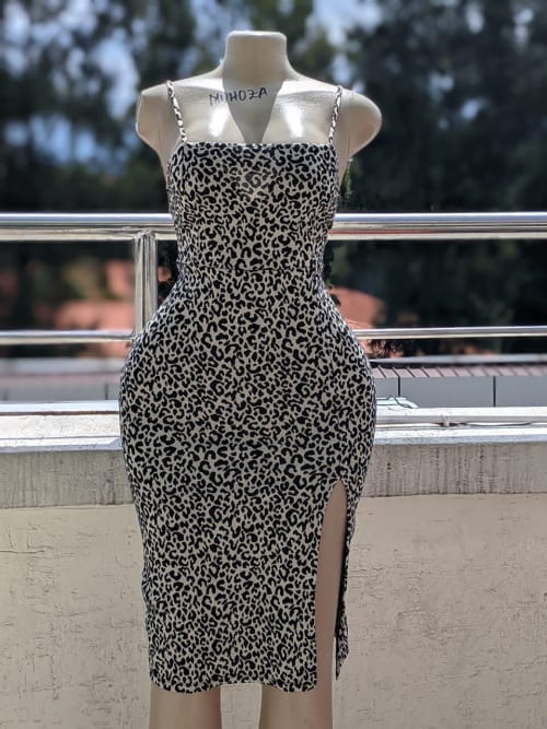 Leopard Print Square Neck Slit Bodycon Midi Dress